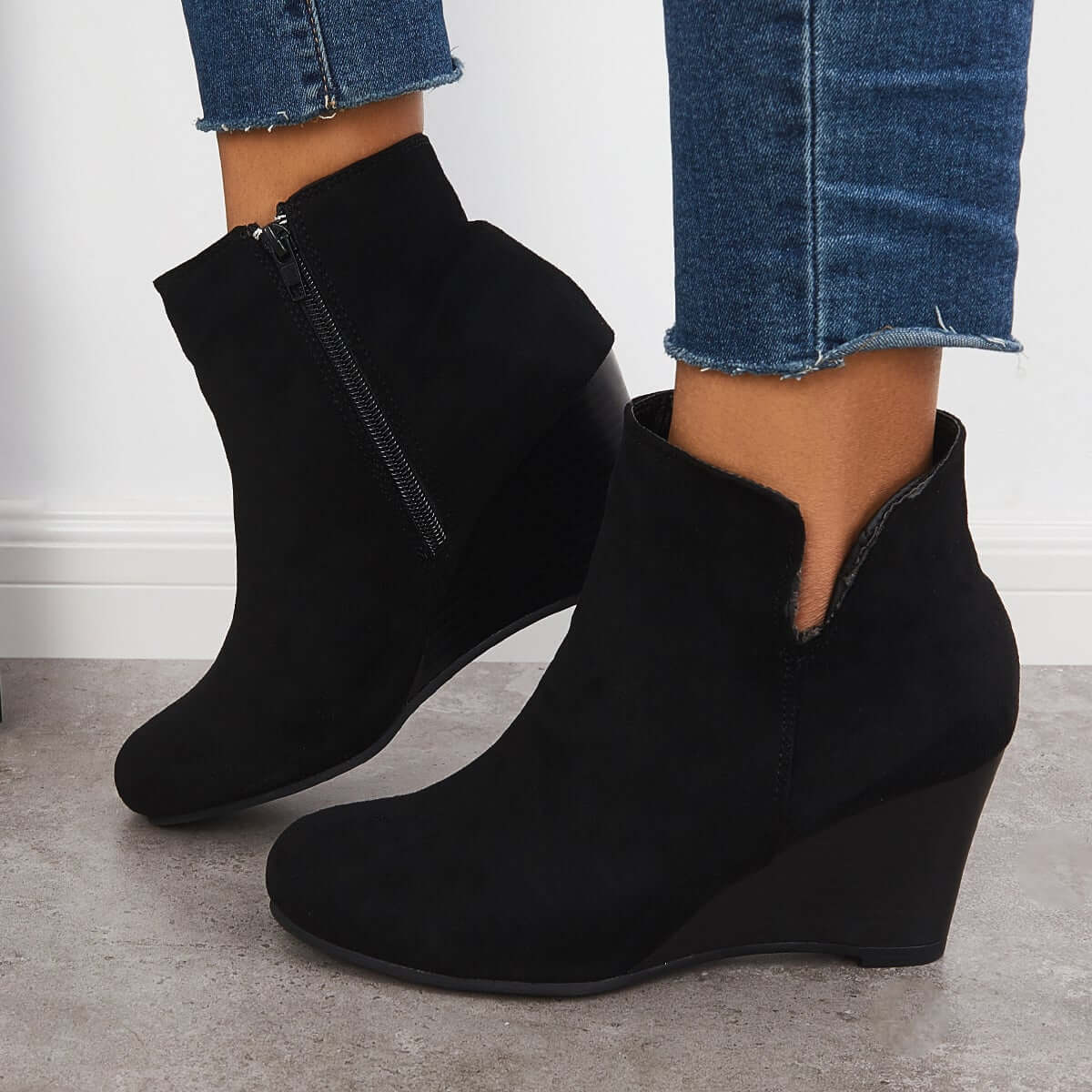 Cutout Ankle Wedge Booties V-cut Stacked Heel Boots – Tinstree