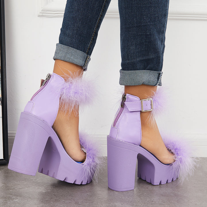 Furry Platform Chunky High Heels Open Toe Ankle Strap Sandals
