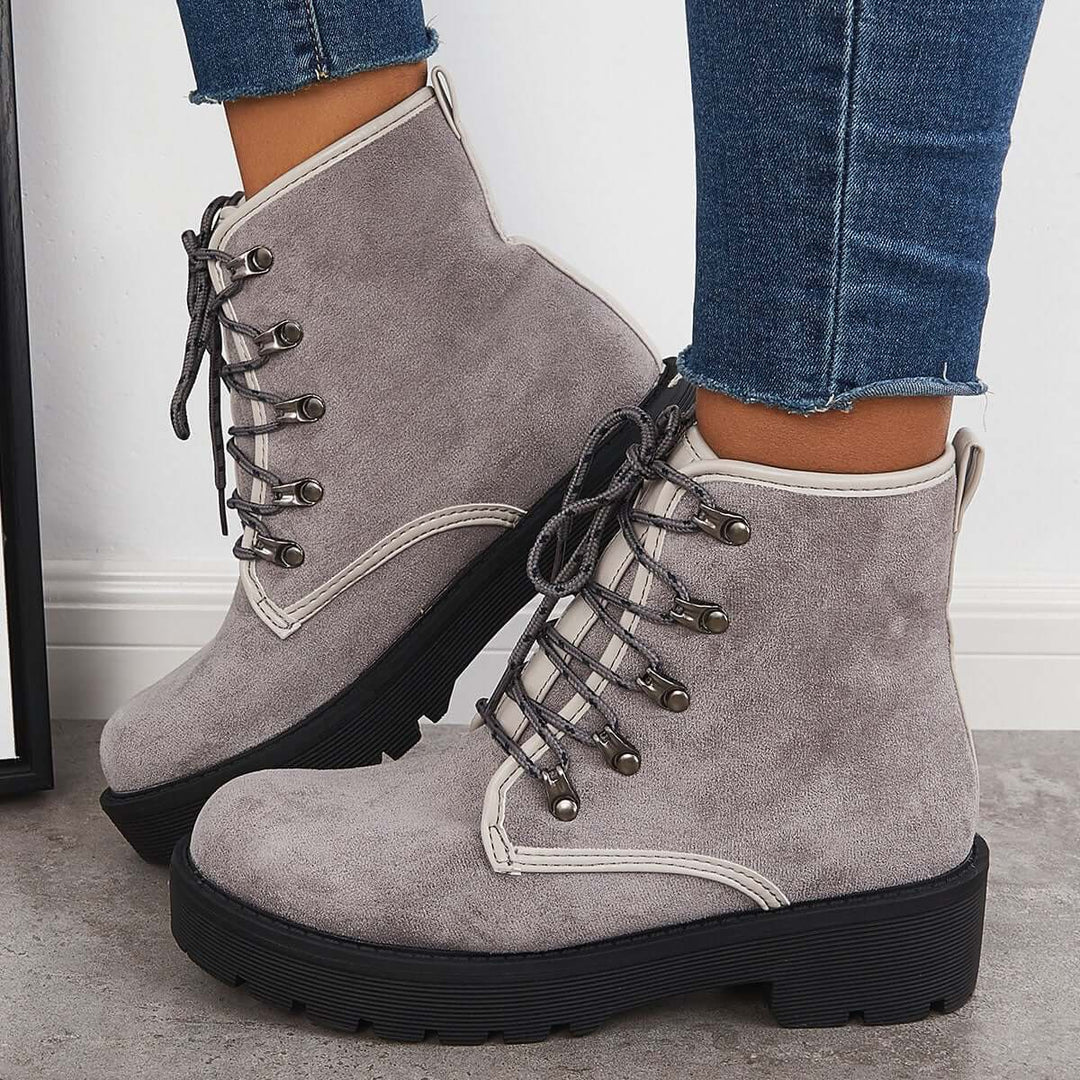 Chunky Heel Combat Boots Lace Up Lug Sole Ankle Booties