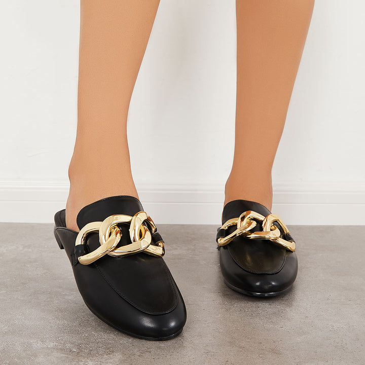 Chain Decor Closed Toe Flat Mule Shoes Slip on Loafers