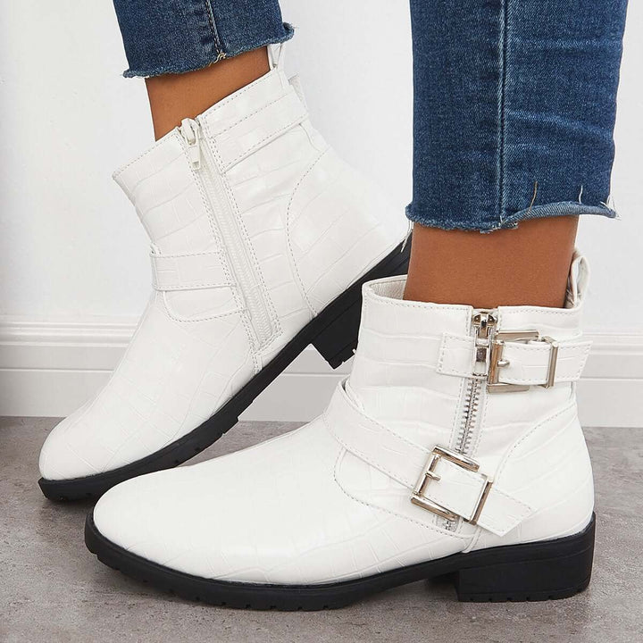Round Toe Ankle Boot Chunky Low Heel Side Zipper Booties