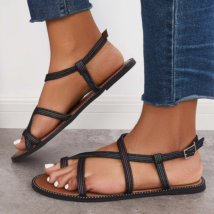 Retro Toe Ring Criss Cross Strappy Sandals Flat Ankle Strap Sandals