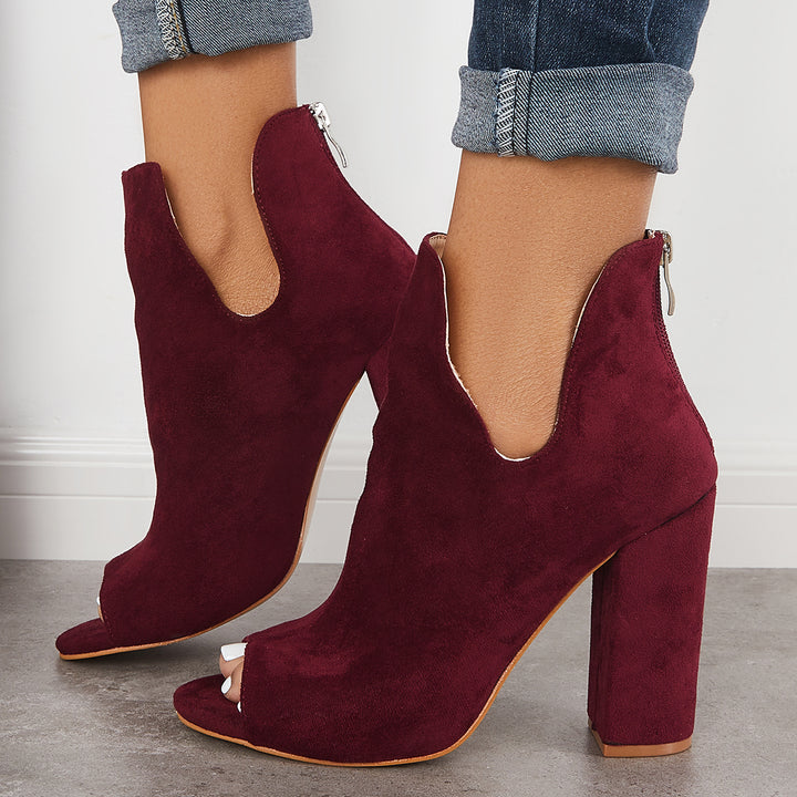 Cut Out Peep Toe Block Chunky High Heel Ankle Boots