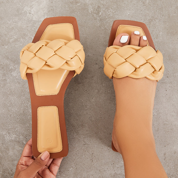 Square Toe Braided Strap Flat Slides Slip on Sandals