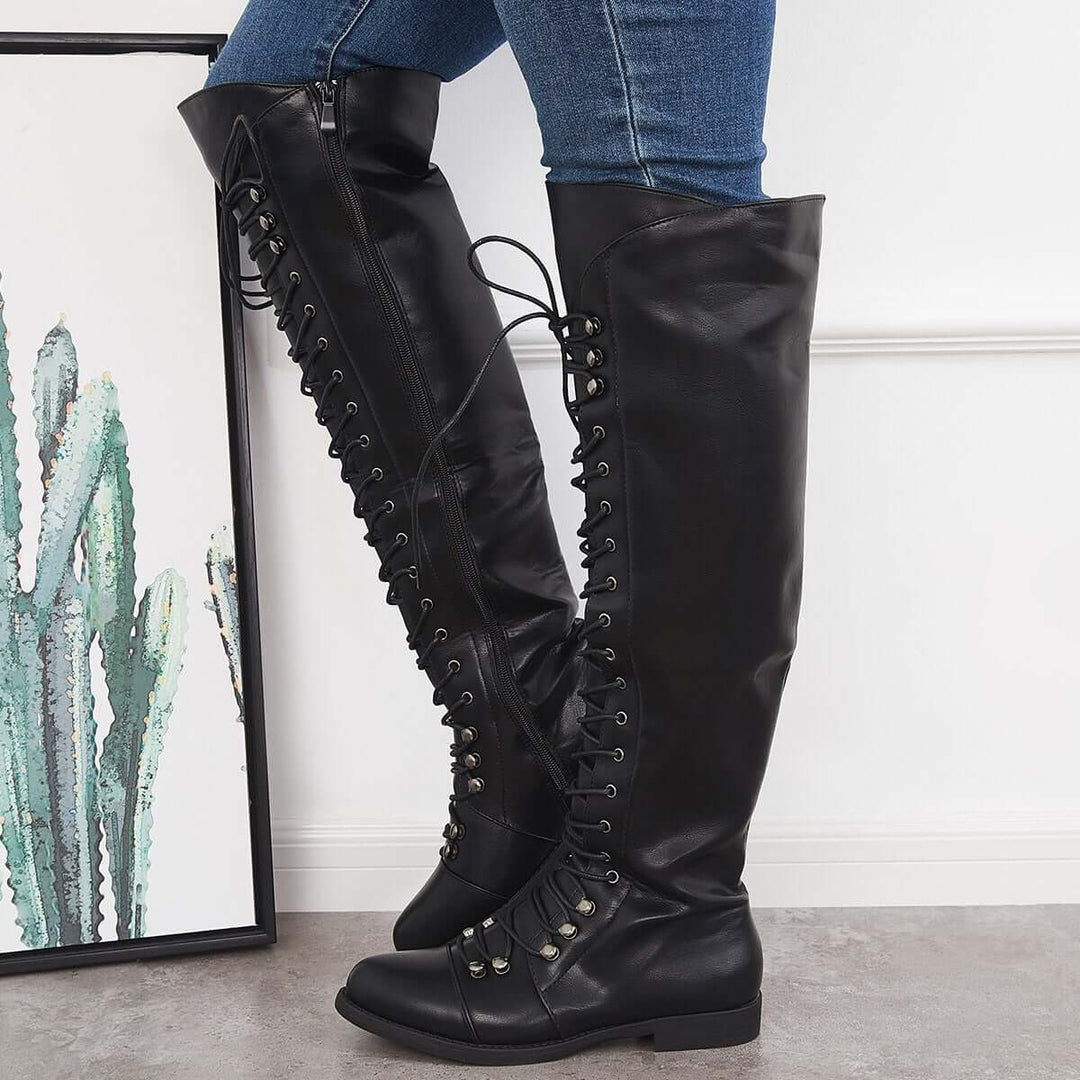 Chunky Heel Lace Up Over The Knee Thing High Riding Boots