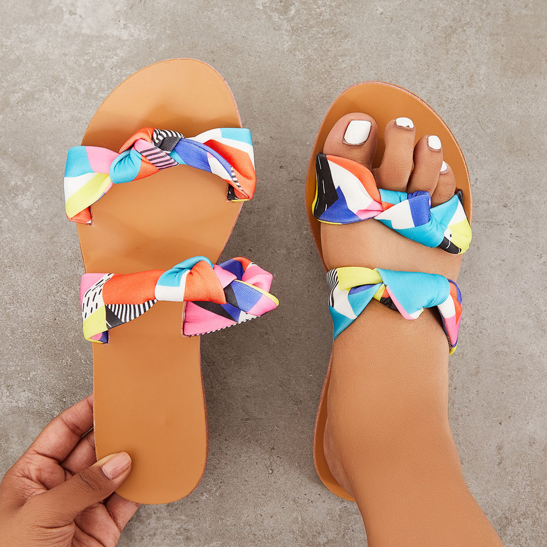Double Bow Straps Slippers Flat Slide Sandals