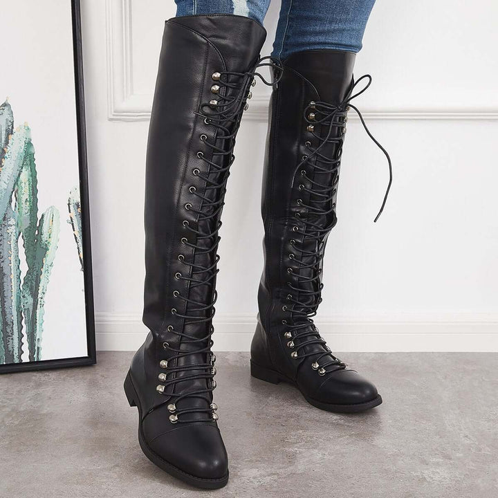 Chunky Heel Lace Up Over The Knee Thing High Riding Boots