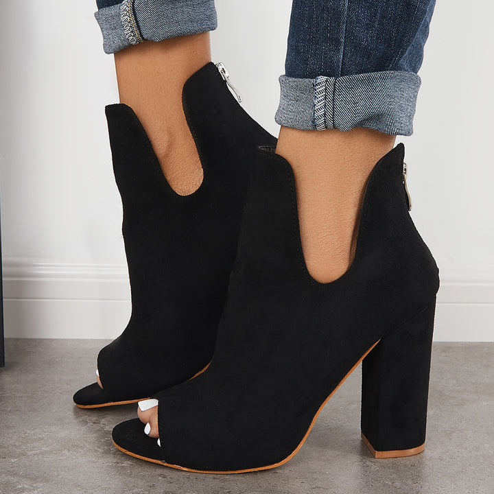 Cut Out Peep Toe Block Chunky High Heel Ankle Boots