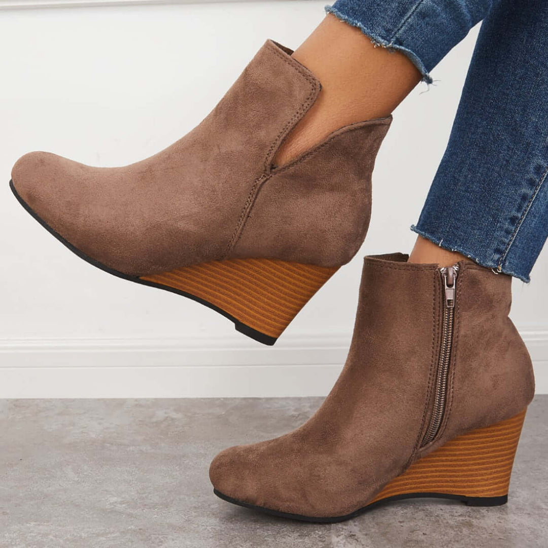 Cutout Ankle Wedge Booties V-cut Stacked Heel Boots
