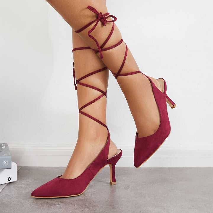 Pointed Toe Slingback Pumps Lace Up Ankle Strap Sandals