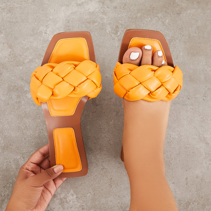 Square Toe Braided Strap Flat Slides Slip on Sandals