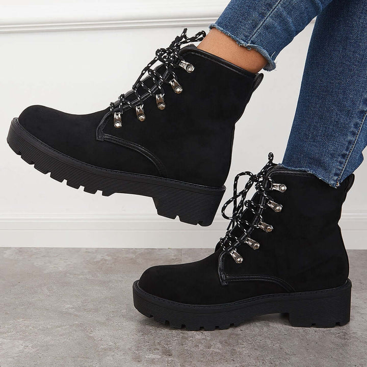 Chunky Heel Combat Boots Lace Up Lug Sole Ankle Booties