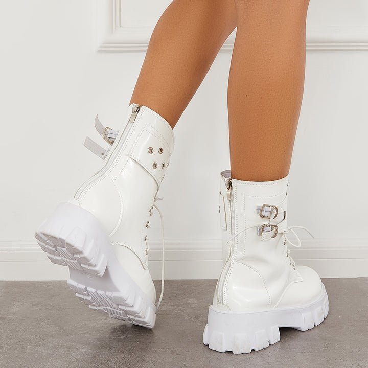Platform Chunky Sole Ankle Booties Lace Up Front Combat Boots