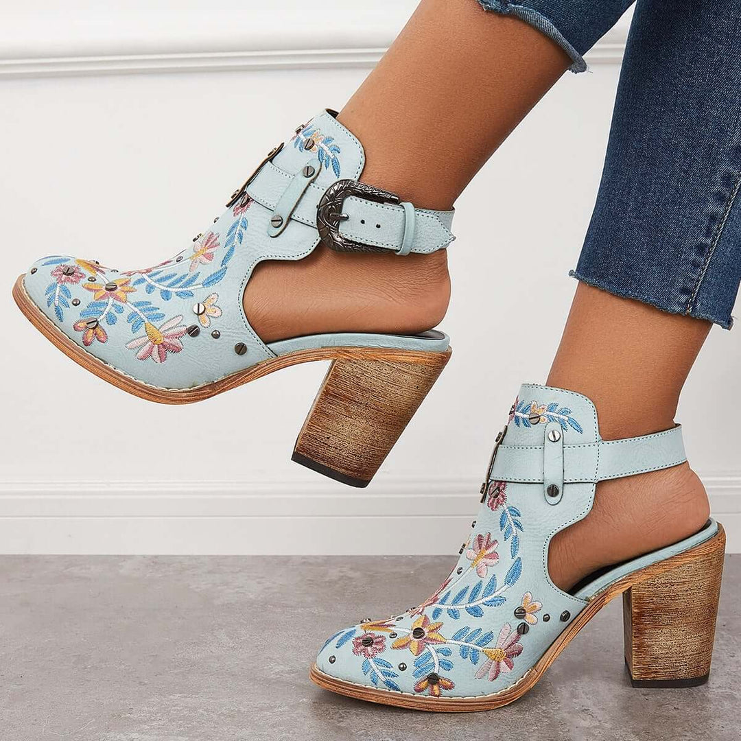 Cutout Embroidered Chunky Heels Ankle Strap Slingback Sandals