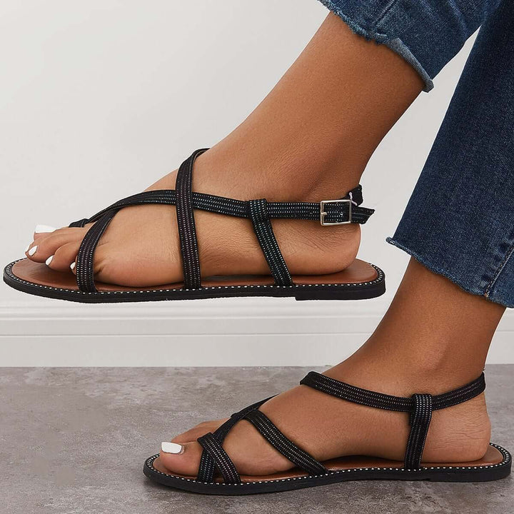 Retro Toe Ring Criss Cross Strappy Sandals Flat Ankle Strap Sandals