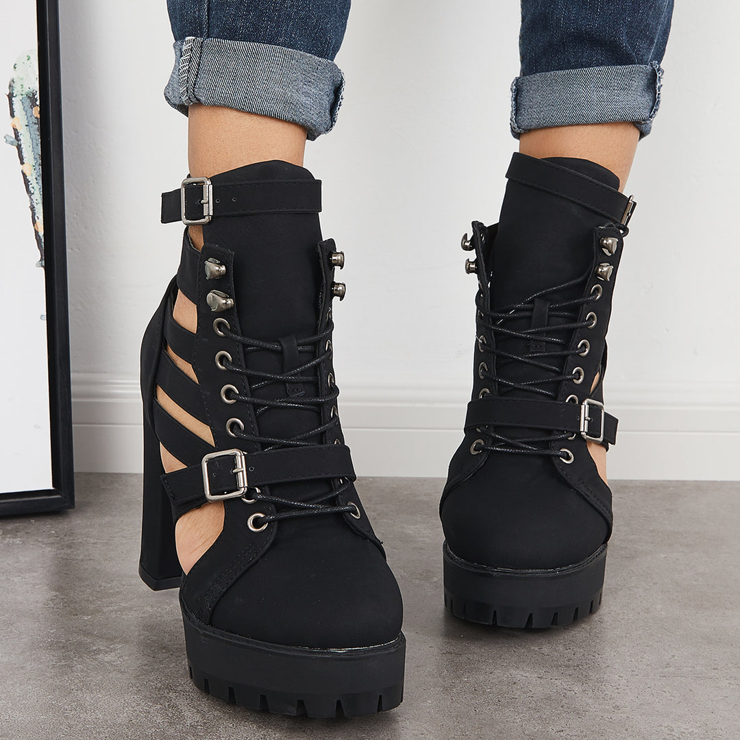 Black Platform Chunky High Heels Ankle Strap Sandals