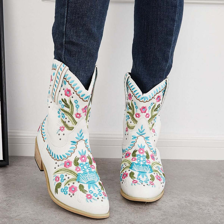 Retro Western Embroidery Ankle Cowgirl Boots Pull on Short Booties