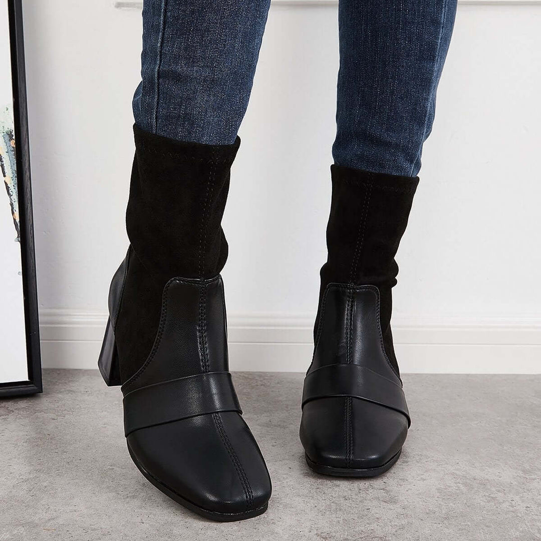 Black Stretch Square Toe Sock Boots Chunky Block Heel Booties
