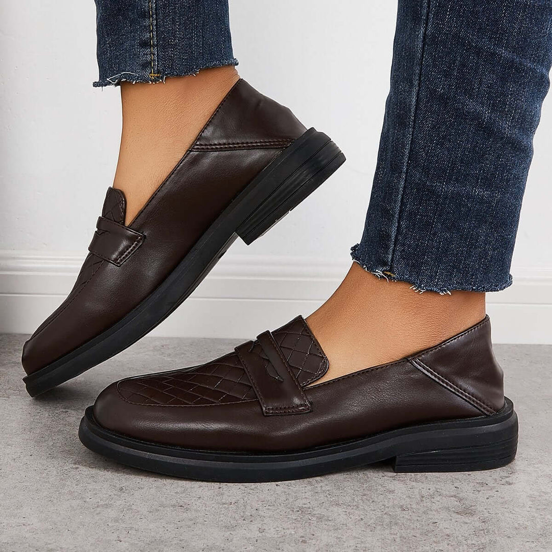 Casual Leather Slip on Loafers Block Heel Walking Shoes