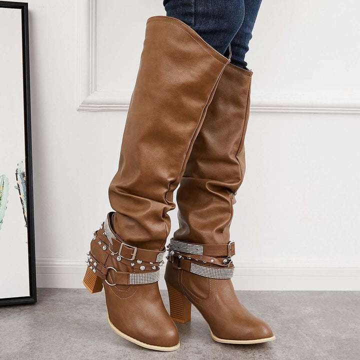 Slouchy Knee High Riding Boots Chunky Heel Western Boots