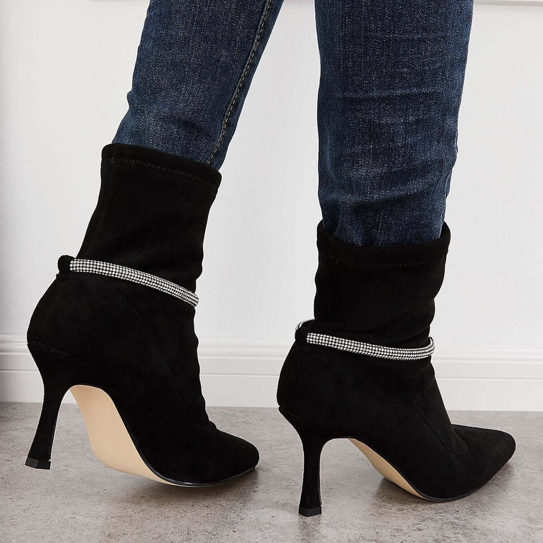 Black Suede Stretch Ankle Boots Stiletto High Heel Sock Booties