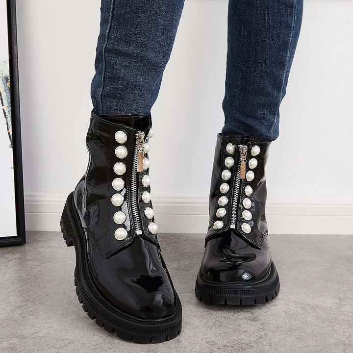 Black Patent Leather Lug Sole Combat Boots Platform Ankle Booties