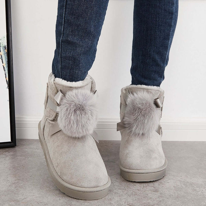 Warm Faux Fur Ankle Snow Boots Pompom Winter Booties