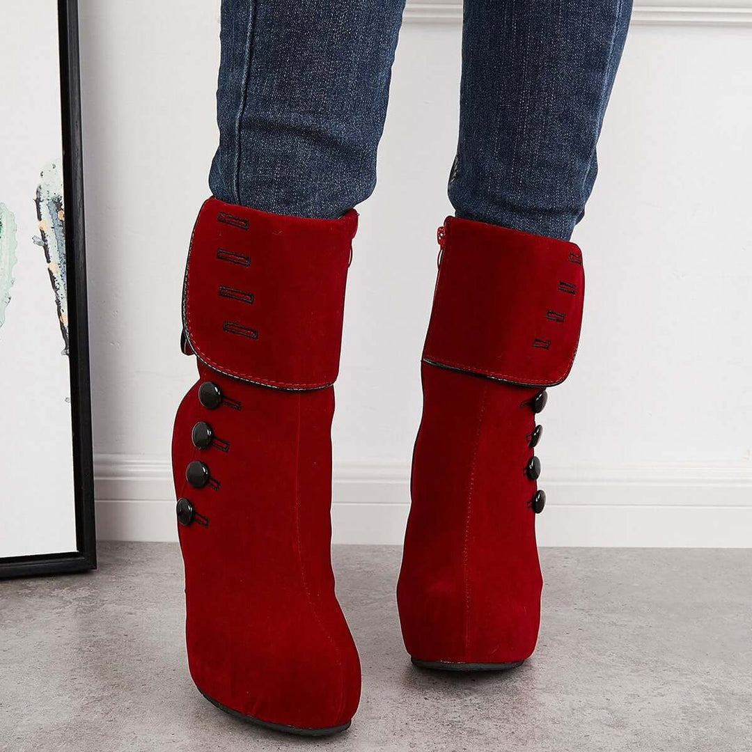 Platform Chunky High Heel Booties Side Buttons Ankle Boots