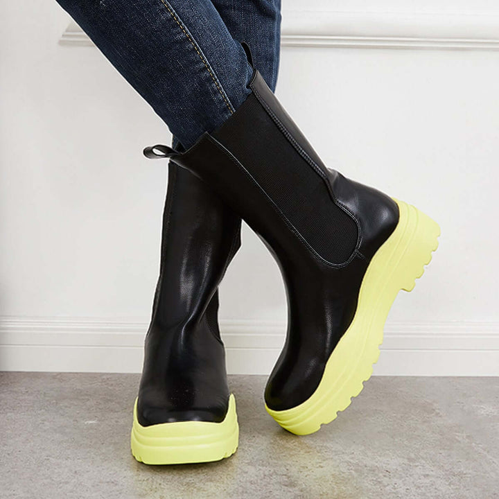 Platform Lug Sole Mid Calf Chelsea Boots Chunky Block Heel Booties