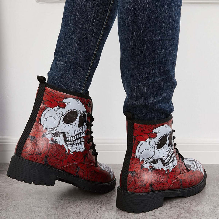 Skull Military Combat Boots Lace Up Low Heel Ankle Boots