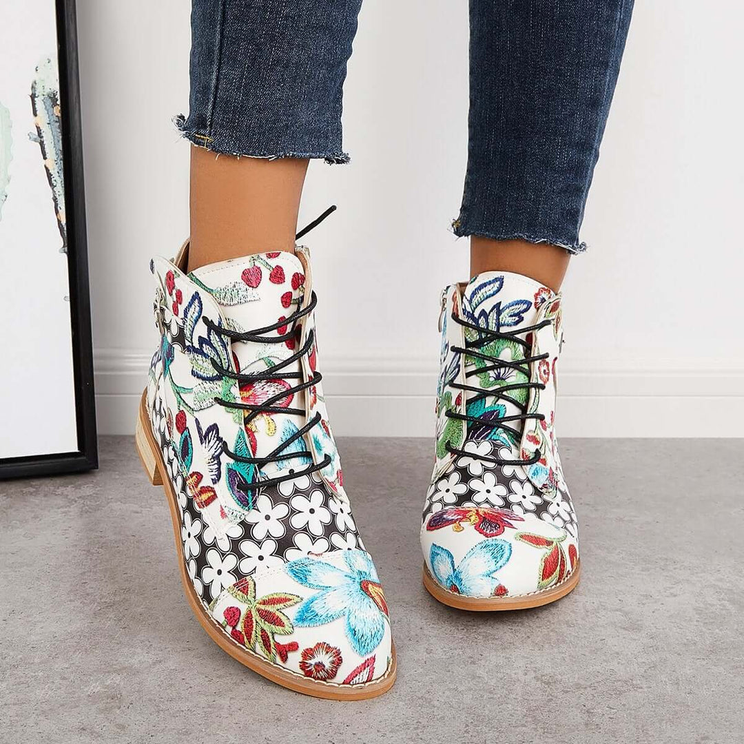 Ink Floral Painting Western Cowboy Boots Lace Up Ankle Boots
