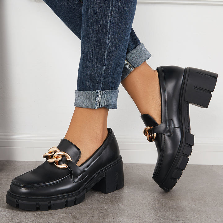Comfort Platform Chunky Heel Loafers Slip on Lug Sole Shoes