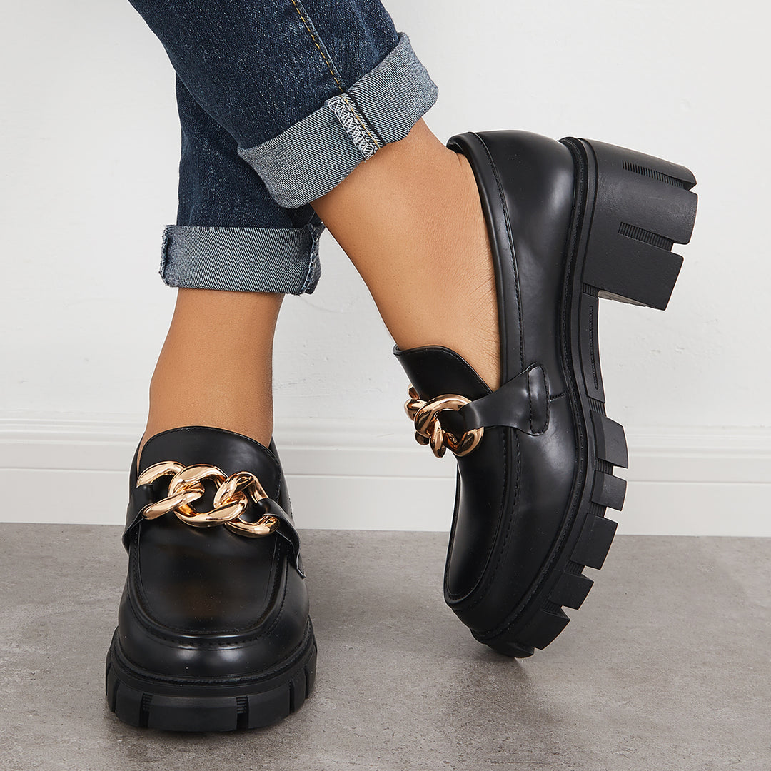 Comfort Platform Chunky Heel Loafers Slip on Lug Sole Shoes