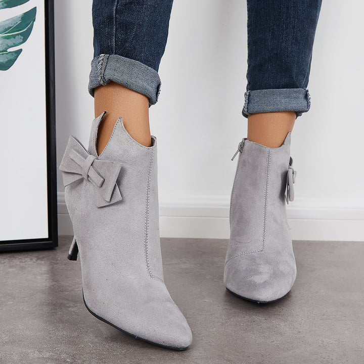 Pointy Toe Bow Stiletto Heeled Booties Side Zipper Ankle Boots