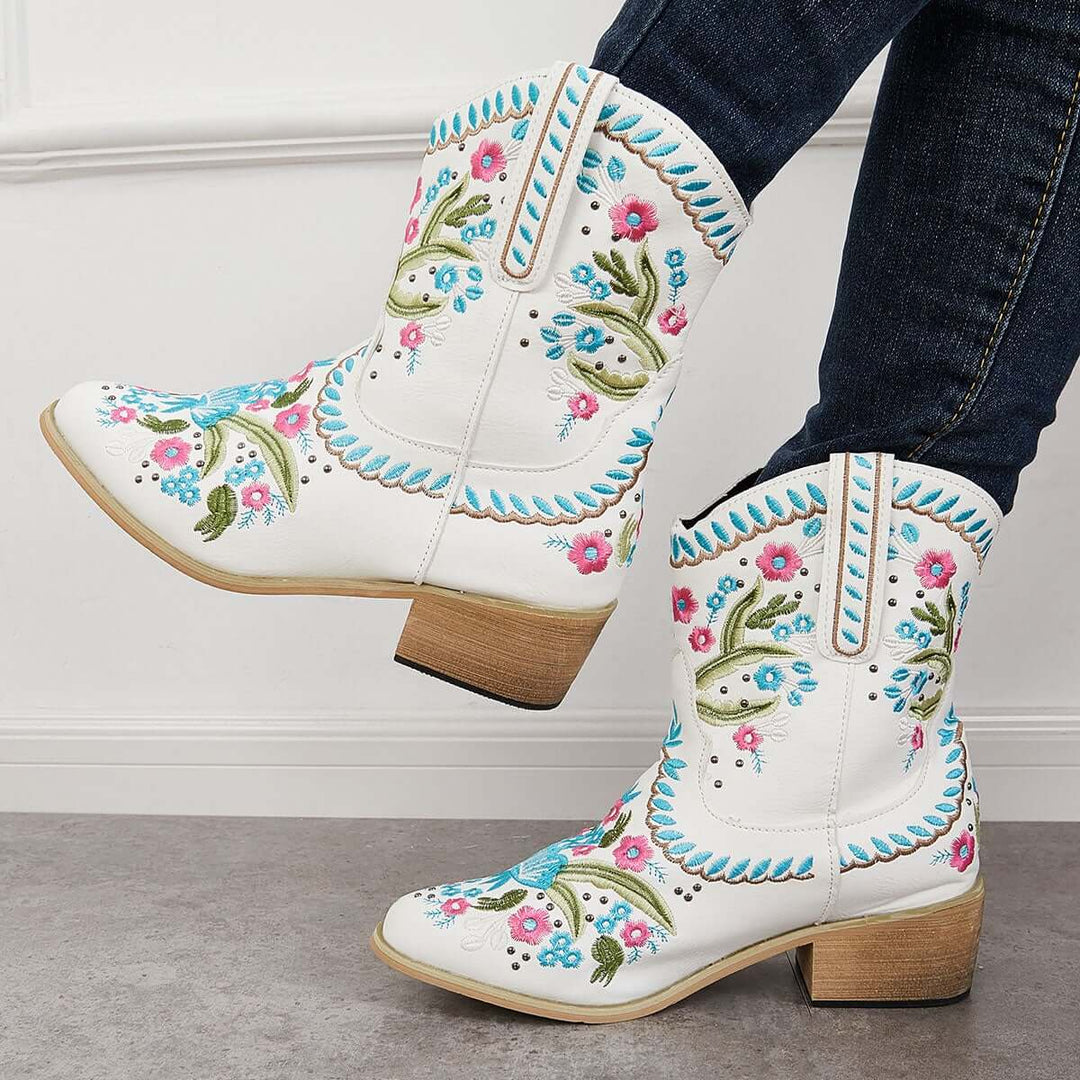Retro Western Embroidery Ankle Cowgirl Boots Pull on Short Booties