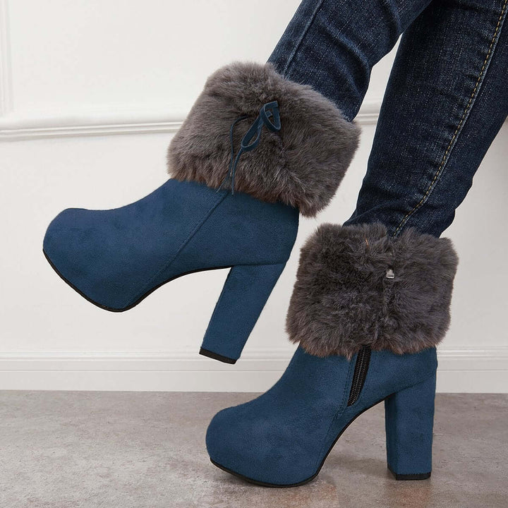 Furry Lined Ankle Snow Boots Platform Chunky High Heel Booties