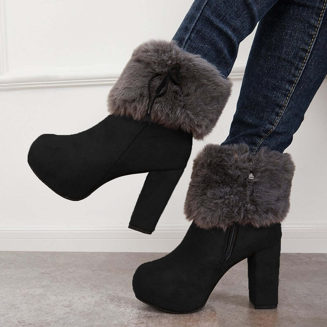 Furry Lined Ankle Snow Boots Platform Chunky High Heel Booties