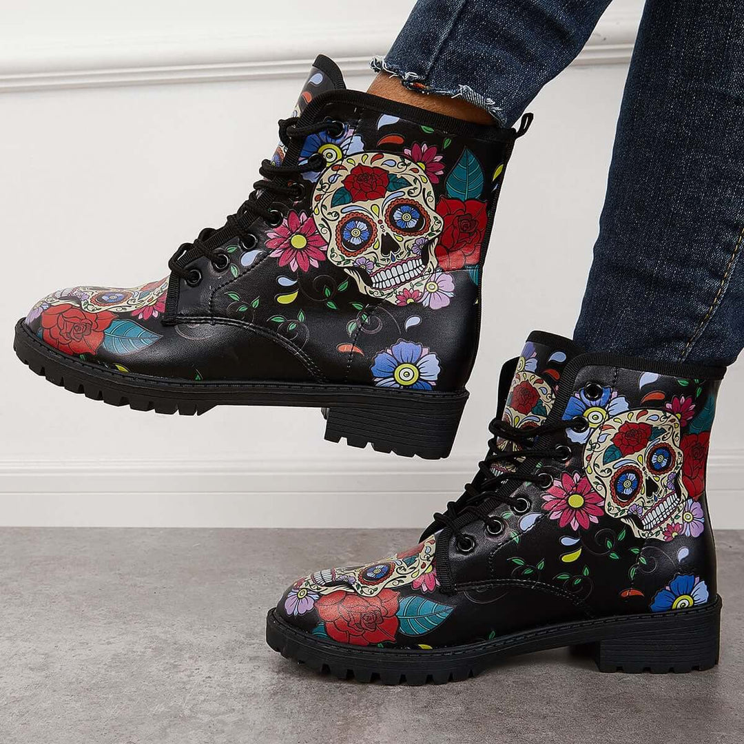 Skull Military Combat Boots Lace Up Low Heel Ankle Boots