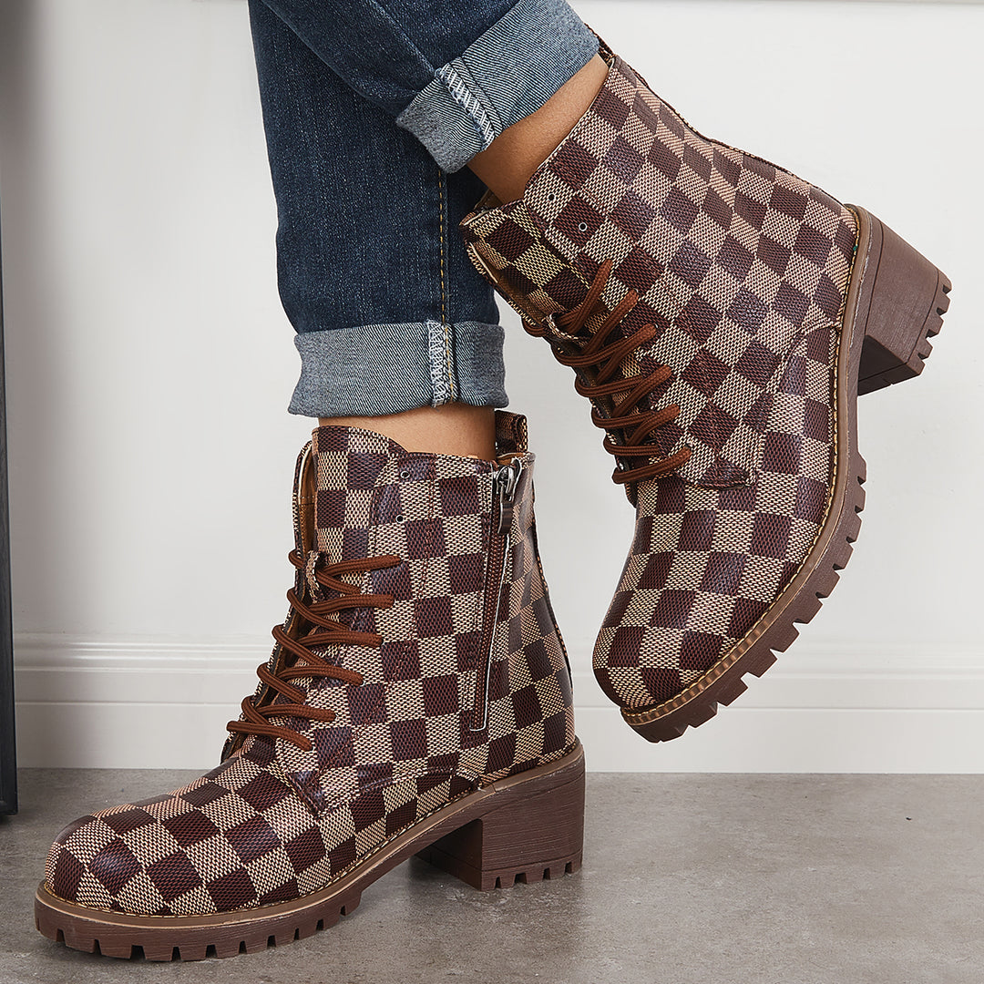 Plaid Chunky Block Heel Booties Side Zipper Ankle Boots