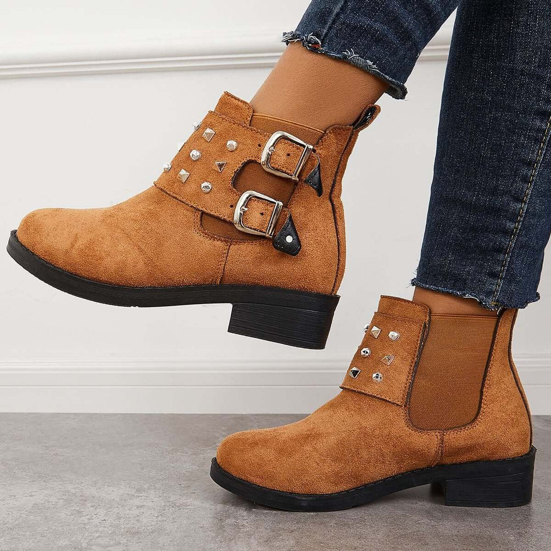 Suede Round Toe Chelsea Ankle Boots Rivet Flat Booties