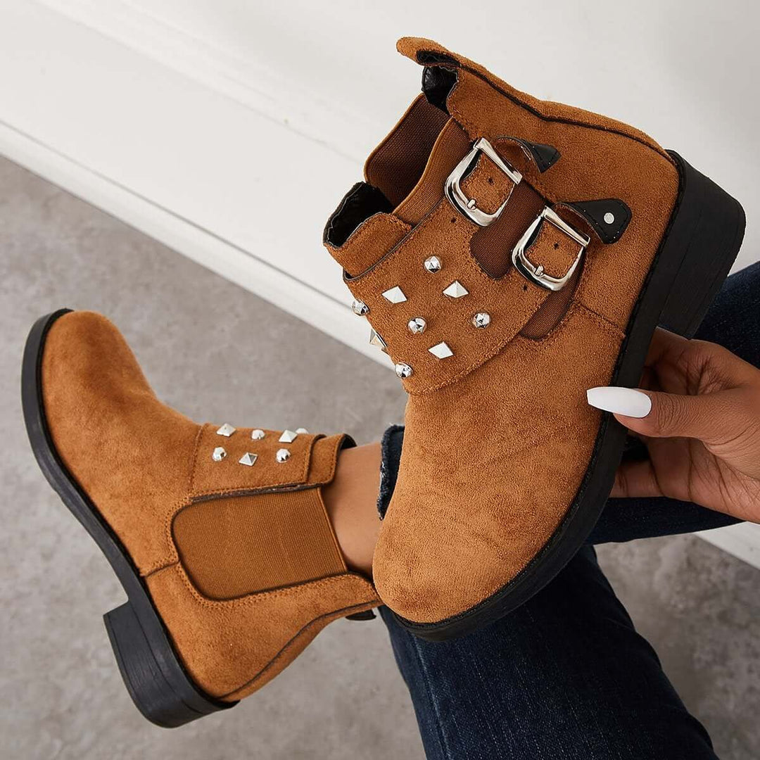 Suede Round Toe Chelsea Ankle Boots Rivet Flat Booties