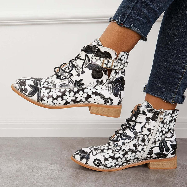 Ink Floral Painting Western Cowboy Boots Lace Up Ankle Boots
