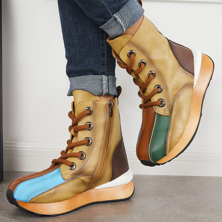 Women Splicing Lace Up Platform High Top Ankle Boots