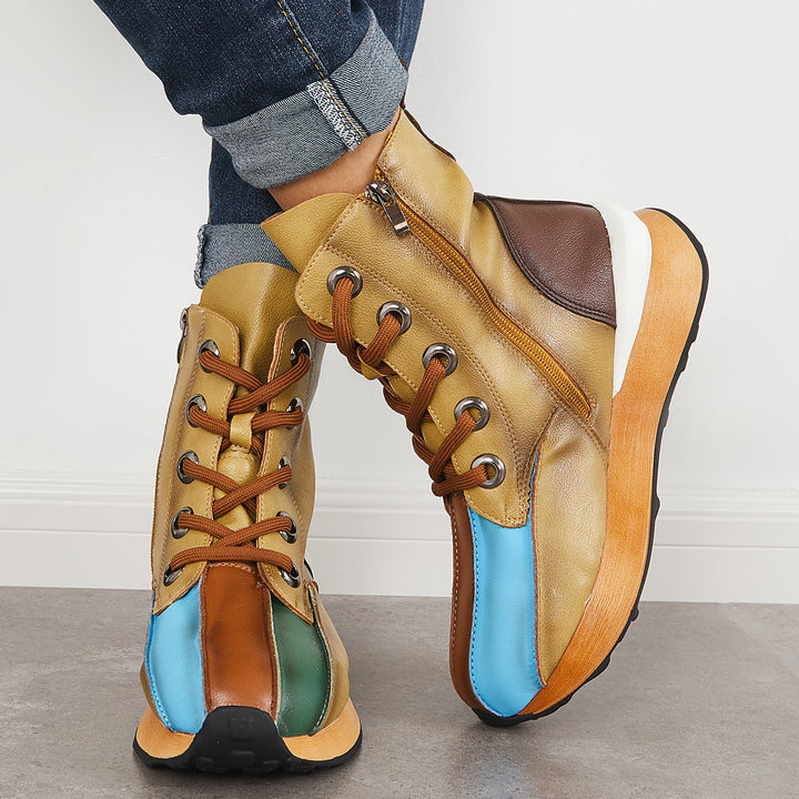 Women Splicing Lace Up Platform High Top Ankle Boots