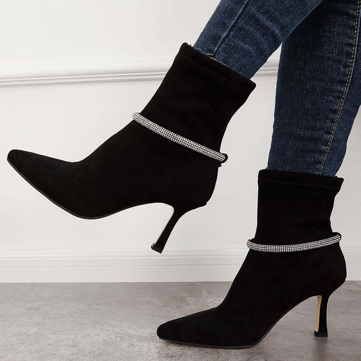 Black Suede Stretch Ankle Boots Stiletto High Heel Sock Booties