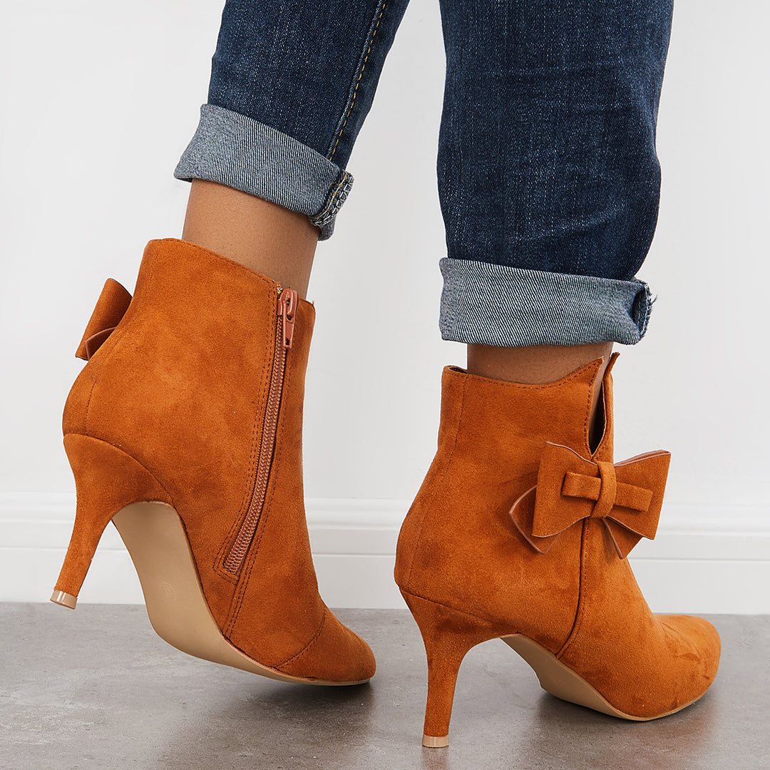 Pointy Toe Bow Stiletto Heeled Booties Side Zipper Ankle Boots