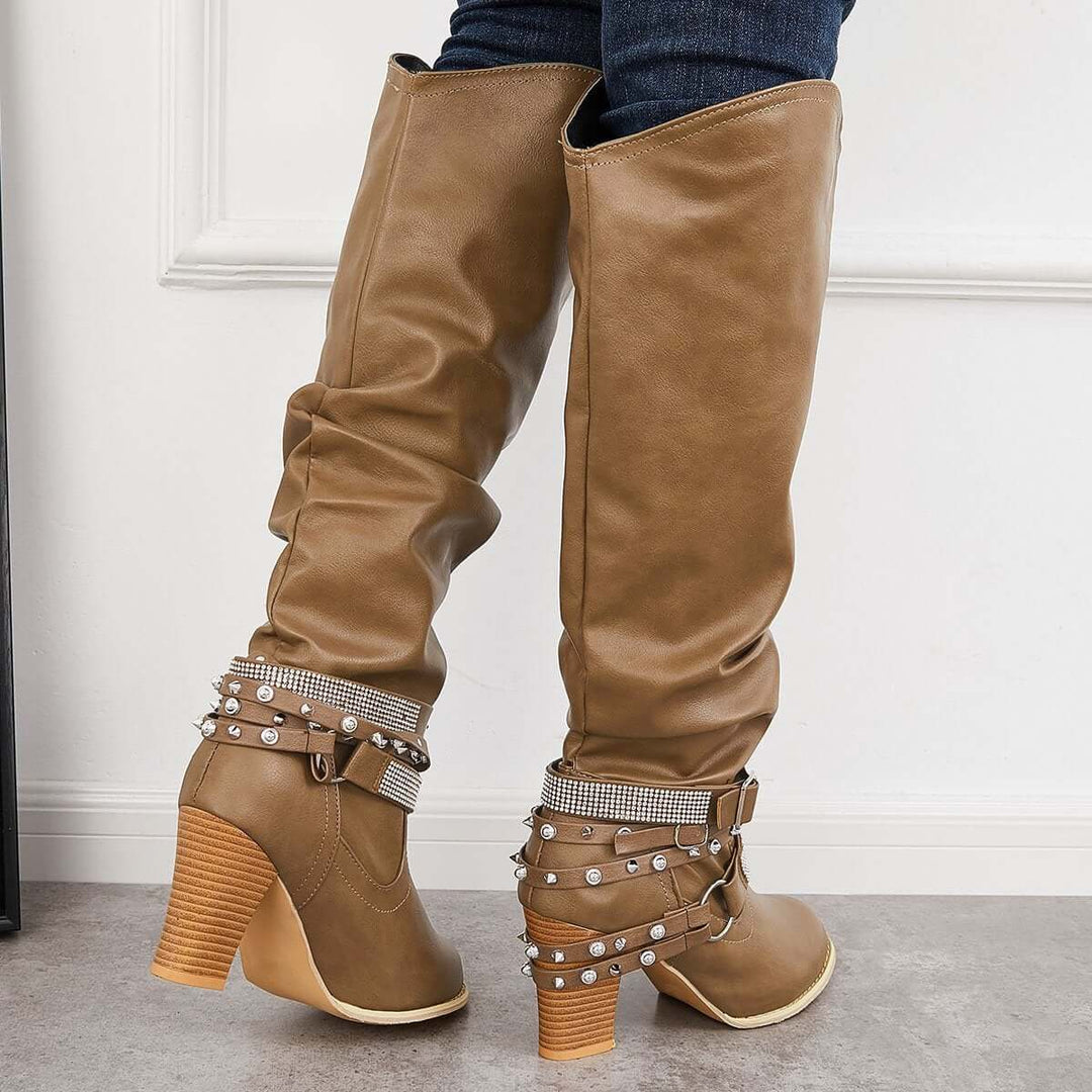 Slouchy Knee High Riding Boots Chunky Heel Western Boots