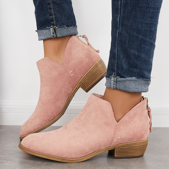 Suede Western Cutout Ankle Boots Chunky Block Low Heel Booties