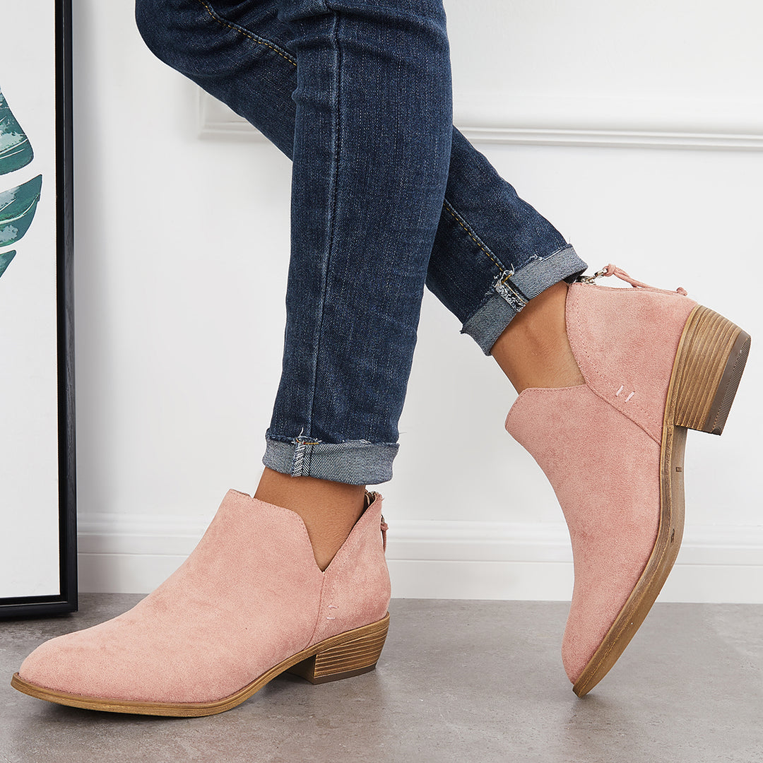 Suede Western Cutout Ankle Boots Chunky Block Low Heel Booties