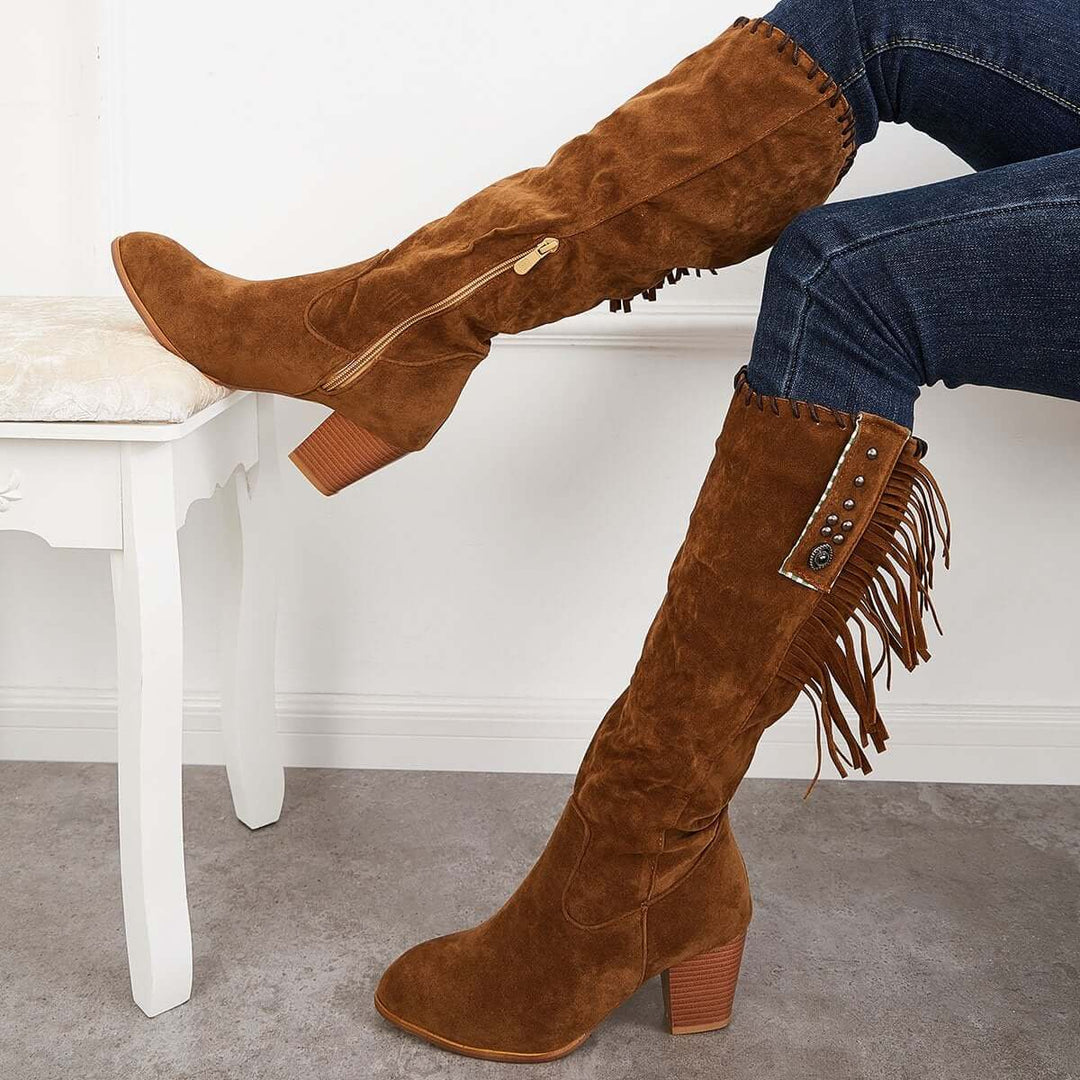Western Cowboy Riding Boots Knee High Chunky Heel Boots